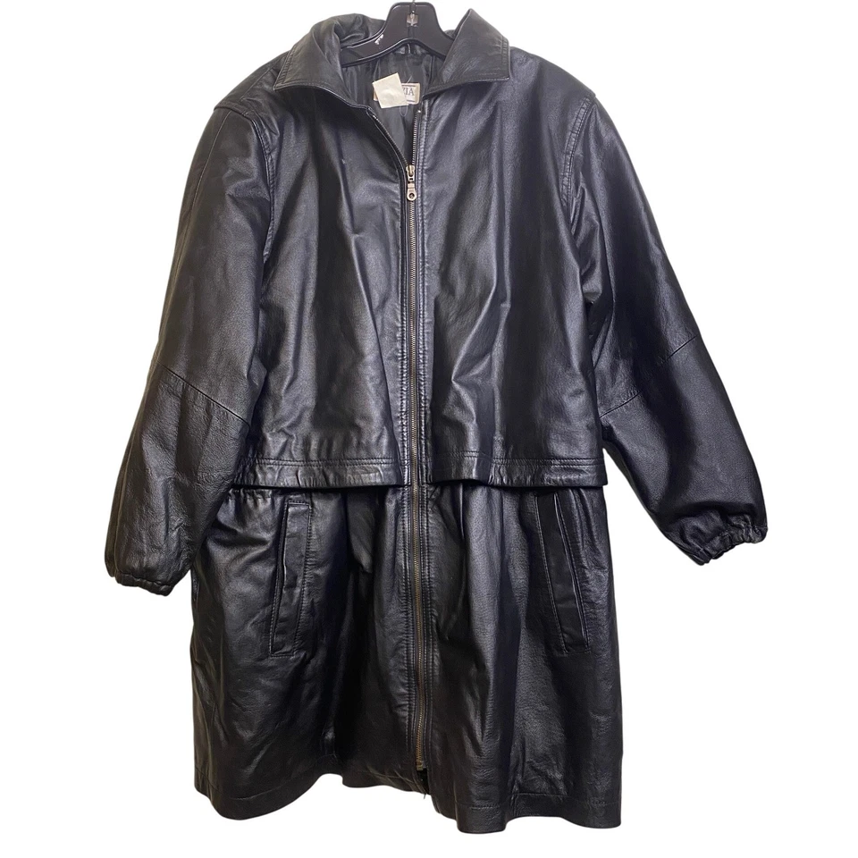 Vintage Venezia Vitale Leather Trench Coat Womens 3XL Full Zip Draw String Black - Image 1 of 4