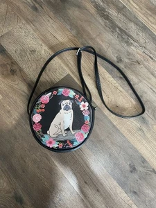 Ashley M . Artist series Dog Pug floral black round purse bag - Picture 1 of 7
