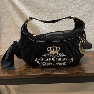 Juicy Couture Royal Juicy Y2K schwarz Velour Baguette Handtasche gesticktes Logo - Bild 1 von 18
