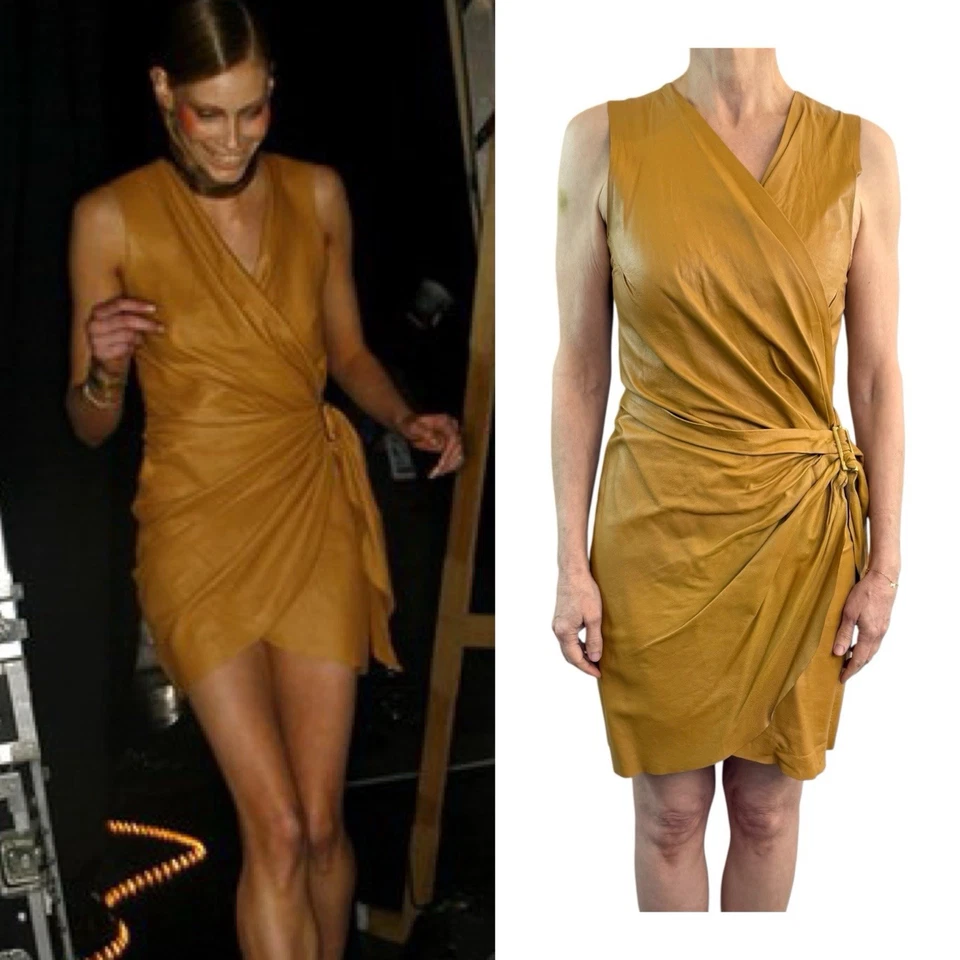 Kirrily Johnston Size 8 Aus 4 US Mustard Brown Leather Mini Wrap Dress Vintage - image 1 of 4