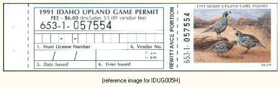 D2K Idaho Upland Game 1991 $6.00 with info tab - Image 1 of 1