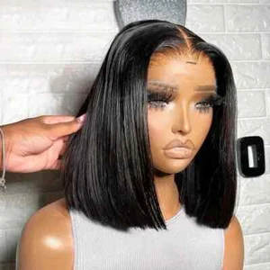 Peluca frontal de encaje recto HD de hueso cabello humano cierre bob peluca sin pegamento prearrancada - Imagen 1 de 15