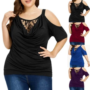 Women Cold Shoulder Lace Tops Ladies Short Sleeve Loose Summer T-Shirt Blouse - Picture 1 of 10
