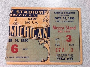 Boleto de fútbol americano Michigan vs. Army 1950 - Yankee Stadium ~ RARO - Imagen 1 de 2