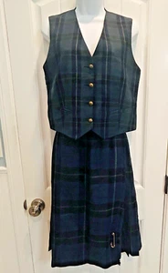 NWT James Pringle Weavers UK Size 10 Pure Wool VEST & Kilt Wrap SKIRT Blue Green - Picture 1 of 24