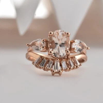 NATURAL MORGANITE MOISSANITE STACKABLE RHODIUM PLATED 925SILVER RING JEWELRYGIFT - Image 1 of 4