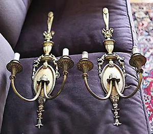 Pair of Antique 1920s, two light, French Bronze Louis XVI style wall sconces - Picture 1 of 12