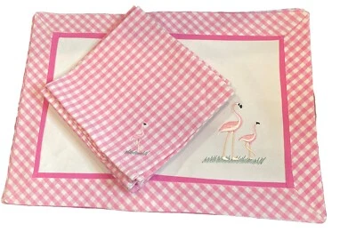 Juego de 8 manteles individuales de flamenco de guinga rosa con servilletas de tela de algodón playa verano Foto 1 de 4