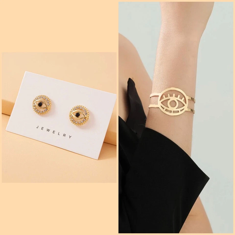 Pendientes y brazalete de ojos con diamantes de imitación tono dorado Foto 1 de 1