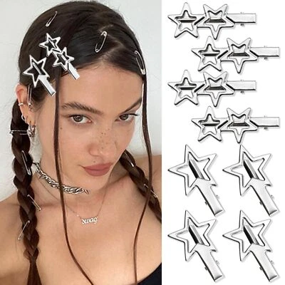 Y2K Star Hair Clips Cute Silver Pentagram Snap Hair Clips Metal Hair Barrette... - Image 1 of 4