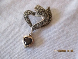 Vintage Sterling Silver Marcasite Garnet Heart Pendant - Picture 1 of 7