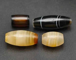 Lot 4 Antique Tibetan Translucent JELLY Black Agate Stone Barrel Beads #CP908 - Picture 1 of 9