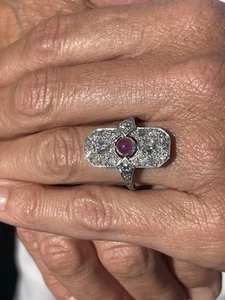 Platinum Cabochon Ruby Old Cut Diamond Art Deco Period Incredible Ring 5.5 Grams - Picture 1 of 7