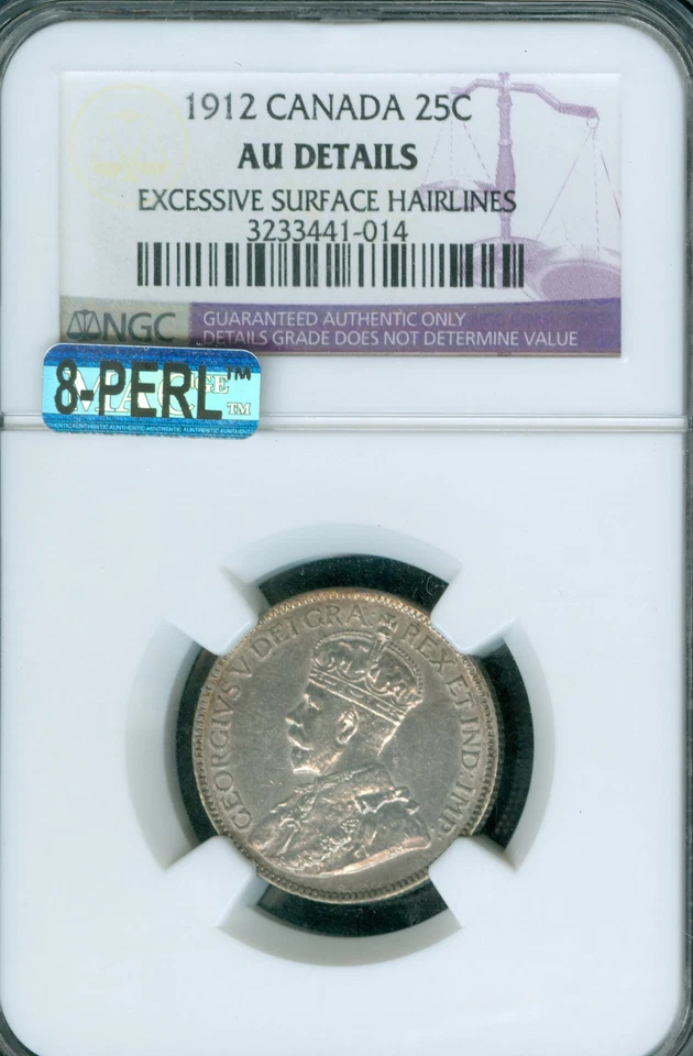 1912 CANADA 25 CENTS NGC AU55 DETAILS MAC 8 PERL 1ST STRIKE * - Image 1 of 2