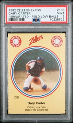 1982 Zellers Expos Perforated Fielding Low Balls #13B Gary Carter PSA 9 Pop 3 - Image 1 of 4