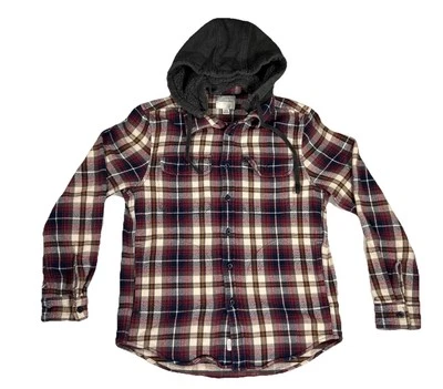 American Eagle Plaid Blue Red Removable Hood Button Up Flannel Jacket Large - Image 1 of 4