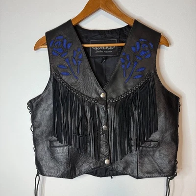 UNIK Western Negro Azul Cuero Flecos Hippie Motociclista Chaleco Rosa Recortado Moto Grande Foto 1 de 4