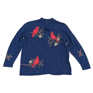 Quacker Factory Navy Blue Knit Christmas Cardinal Winter Zip-Up Sweater Women XL - Picture 1 of 6