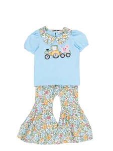 New Marie Nicole Girls Size 8 Blue Embroidered Pig Tractor Floral Bell Pants Set - Picture 1 of 1