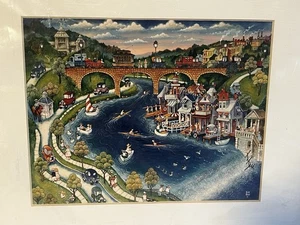 Vintage Bill Bell Art Print BOATHOUSE ROW Signed Matted Whimsical Colorful 11x14 - Picture 1 of 11