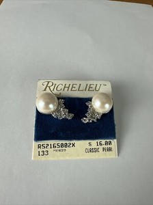Vintage Richelieu 1” Faux Pearl & Rhinestone Pierced Earrings On Original Card