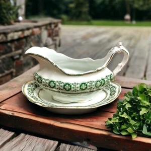Antique Bishop and Stonier Roden Green Gravy Boat and Underplate Transferware - Picture 1 of 12