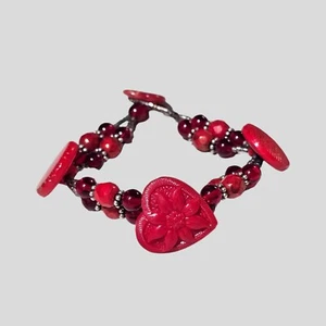 Red Heart Beaded Bracelet Acrylic 7 Inches Toggle Clasp - Picture 1 of 5