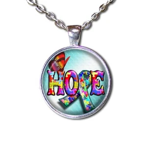 Autism Awareness Hope Puzzle Ribbon - Handmade ROUND Glass Pendant Necklace - Picture 1 of 10