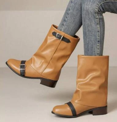 Women's Splicing Low Heel Mid-calf boots Round Toe Chunky Heel Trouser boots New - Image 1 of 4