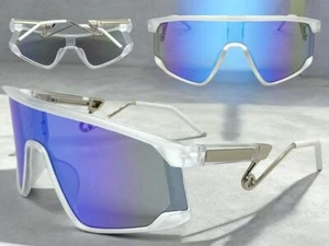 OVERSIZE Wrap Around Biker Fishing Cycling Shield SUNGLASSES Large Frosted Frame - Picture 1 of 7