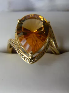 10K Yellow Gold 5.0 ctw Pear Orange Citrine Solitaire Ring w/Diamond Accents Sz8 - Picture 1 of 11