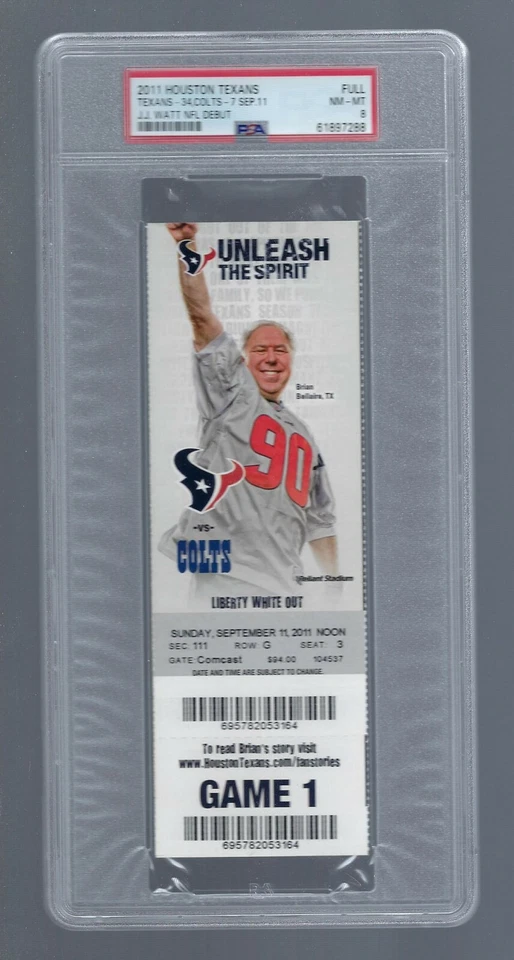 PSA 8 - JJ WATT DEBUT - 2011 NFL COLTS @ TEXANS FOOTBALL FULL TICKET - J.J. WATT - Image 1 of 2