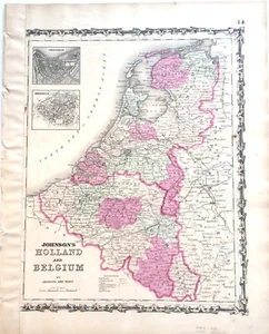 MAPPA ORIGINALE 1862 OLANDA E BELGIO AMSTERDAM BRUXELLES VECCHIA JOHNSON COLORATA A MANO - Foto 1 di 9