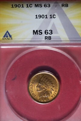 1901 ANACS 1C MS63 RB BRN INDIAN HEAD CENT #B49192 - Image 1 of 2