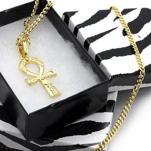 Herren 14k vergoldet Vollgold Gravur Ankh Anhänger Hip-Hop 30" Kubanische Kette - Bild 1 von 7