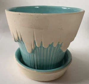 Vintage MCCOY Pottery ICICLE DRIP Flower Pot Planter TURQUOISE BLUE W/ Saucer - Picture 1 of 10