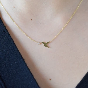 Diamond Humming Bird Necklace / 14 k solid Gold diamond Humming Bird Necklace - Picture 1 of 6