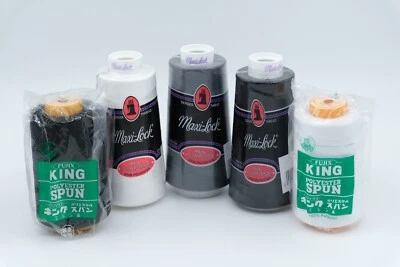 Lot of 5 Thread Cones / Maxi-Lock & Fujix King / 3000yd White Black Grey #60 - Image 1 of 4