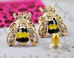 BETSEY JOHNSON cute CRYSTAL rhinestone BEE STUD EARRINGS bees BJ gold pl studs