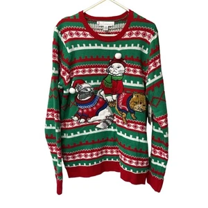 Jolly Sweaters Mens L Red Green Ugly Christmas Cat Crew Neck Winter Party - Picture 1 of 5
