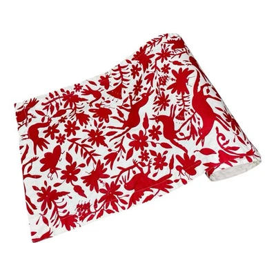 CRATE & BARREL Christmas Table Runner Red White Animals Birds Floral 100% Cotton - Image 1 of 4