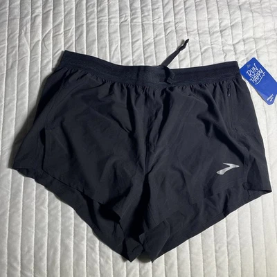 Brooks Hombres Talla Mediana Negro 3" Dividido Corto Cremallera Bolsillo Cordón Foto 1 de 4