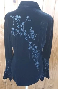 J.Jill Velvet Top Women Floral Embroidered Button Black Shirt SZ S Beaded - Picture 1 of 12