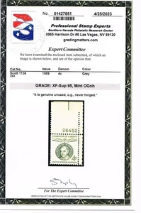 EXCEPTIONAL GENUINE SCOTT #1136 MINT PRISTINE OG NH PSE CERT GRADED XF-SUPERB 95 - Picture 1 of 3
