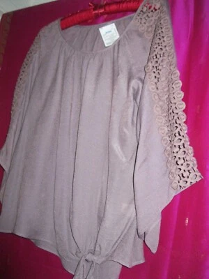 MOCHA  COLORED BLOUSE,  NEW,  SZ.M. W/ LACE ON ARMS & TIE ON LEFT SIDE - Image 1 of 4