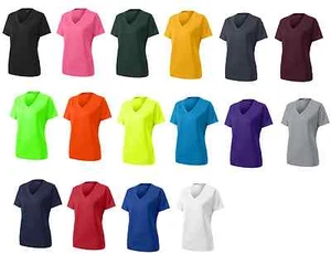 WOMENS MOISTURE WICKING DRY FIT SPORT-TEK Short Sleeve TSHIRT VNECK XS-4X LST340 - Picture 1 of 25