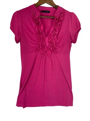 Y2K Heart Soul Babydoll Top Women L Hot Pink Tie Back Stretch Ruffle Trim V Neck - Image 1 of 4