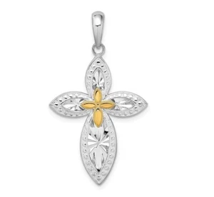 Feinstes Gold 14K Sterlingsilber zweifarbig Diamantschliff Kreuz mit Akzent Anhänger - Bild 1 von 9