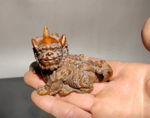 lucky Chinese Boxwood hand carved wooden kylin statue unicorn figure gift - Picture 1 of 4