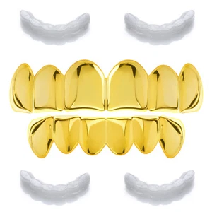 Rapper Plain GRILLZ SET Gold Plated Top Bottom Cap Teeth LS 001 G 2 extra Bar - Picture 1 of 4
